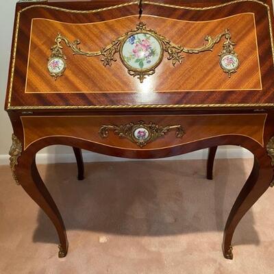 Vintage Mahogany Inlay French Limoges Ladies Writing Desk