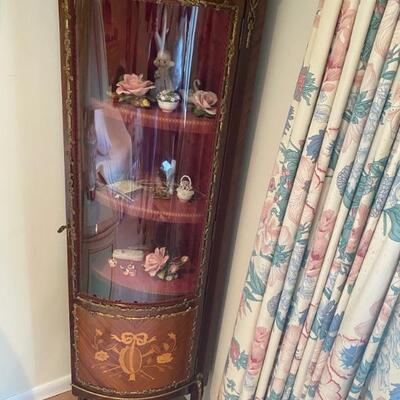 Vintage Mahogany Inlay French Gilt Ornate, Wavy Glass Ladies Curio Cabinet (2)
