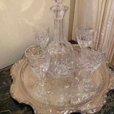 Vintage Waterford Crystal Decanter with Wine Glasses. Silver Plate Tray