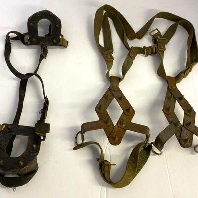 49. Two Sets of Strap on Old Steel Crampons Ice Cleats mounting climbing