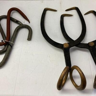 234. Hand Forged Meat Hooks and Two Metal Tongs