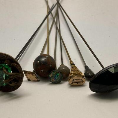 323. Large lot of Vintage Hat Pins/Holders including Signed Holders/ Powder Dish