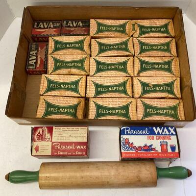 237. Wooden Rolling Pin, Canning Wax, and Soap