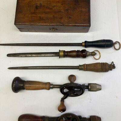 450. Lot of Vintage items; Hand Drills, Knife Sharpeners, Wooden Knife Box