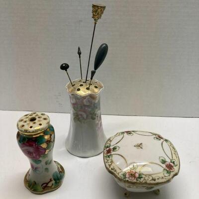 322. Lot of Vintage Hat Pins/Holders including Hand Painted Nippon