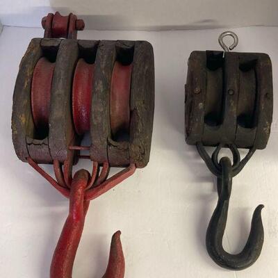 77. Lot of Two Vintage Wooden Block Pulleys