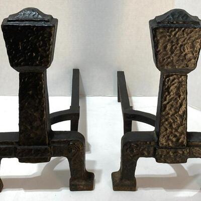 140. Antique fireplace andirons marked 831 Illegible Diamond Shape Insignia