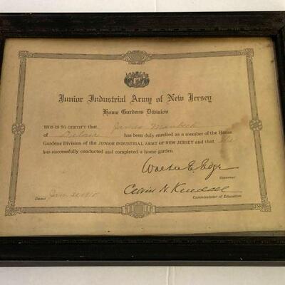 26. 1918 Framed Junior Industrial Army of New Jersey Certification