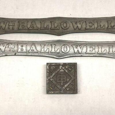 456. Lot of Metal items including sign/plaque WM HALLOWELL and 1891 ETB 
