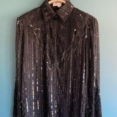 489. Vintage JKara New York sheer black beaded blouse 