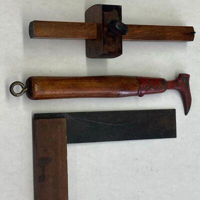 437. Lot of Vintage Wooden Tools including Never Slip Staple Puller and Stanley no.1