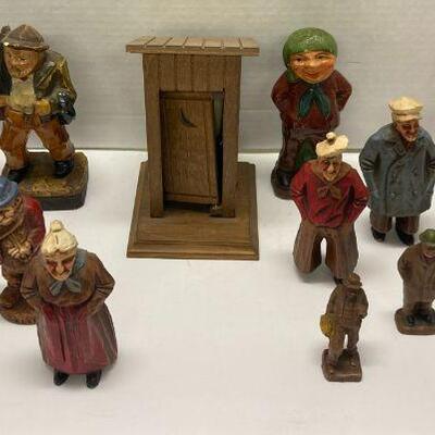 421. Wooden Outhouse with Hillbilly Carved and Ceramic Figurines