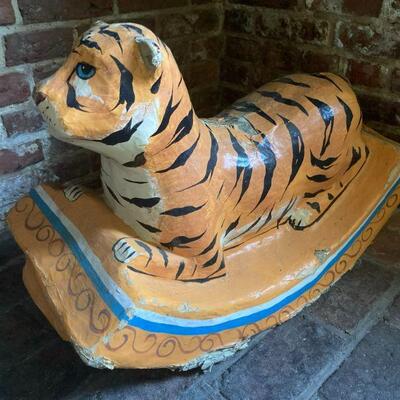 543. Mid Century Paper Mache Tiger Rocking Horse 12x29x19.5