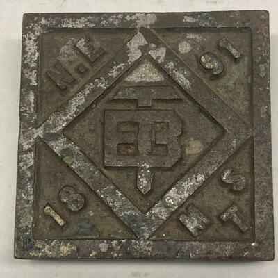 456. Lot of Metal items including sign/plaque WM HALLOWELL and 1891 ETB 