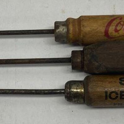 361. Three Vintage Branded and Unbranded Ice Picks Coca-Cola and Standard Ice Company