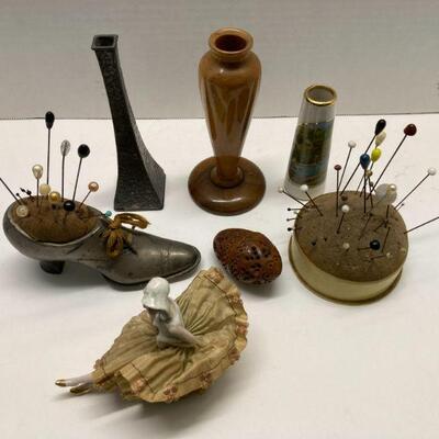 327. Large Lot of Vintage Pin Cushions, Pins, Vases, Wooden egg