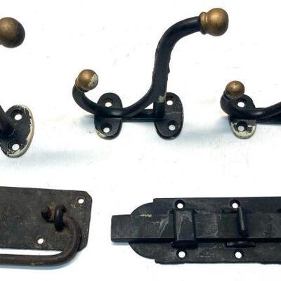 224. Three Coat Hooks, One Hand Forged Drawer Pull, Early Slide Bolt