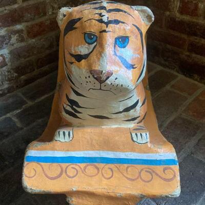 543. Mid Century Paper Mache Tiger Rocking Horse 12x29x19.5