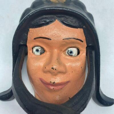 455. Vintage Wilton Cast Iron Amish Woman Door Knocker eyes open/close