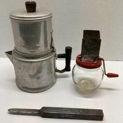 316. Vintage Oyster Knife, Nut Meat Chopper, and Tea/ Coffee Percolator