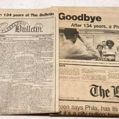 228. Philadelphia Bulletin Last Issue Friday Jan 29, 1982, accompanied with copy of 1st issue Monday April 12, 1847