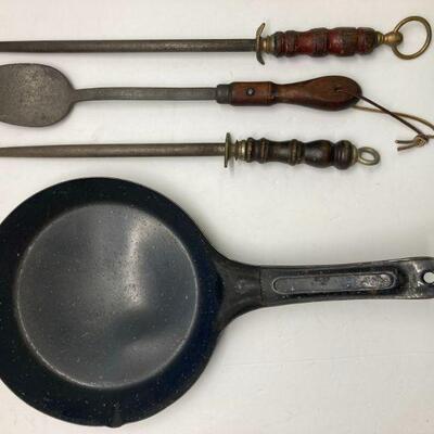 109. Lot of Enamel Frying Pan, Ladle, two knife sharpeners