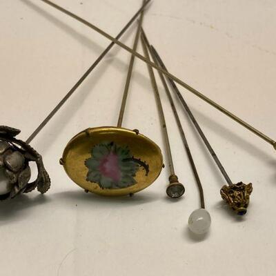 324. Lot of Vintage Hat Pins/Holders including Signed Holders/ Powder Dish