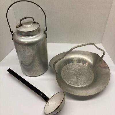 239. Aluminum Milk Can, Porcelain Drinking Ladle, Hammered Aluminum Decorative Tray