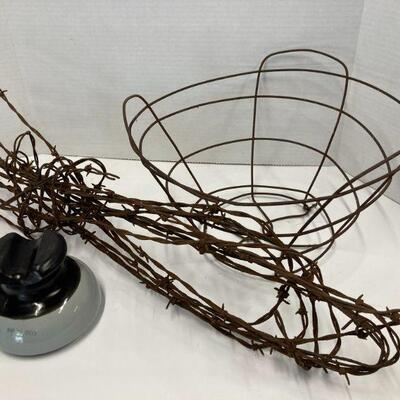 508. 1940s Dual Strand Barbwire, Handmade Single Termination Wire Tabletop Fruit Basket, and Ceramic High Voltage Insulator 