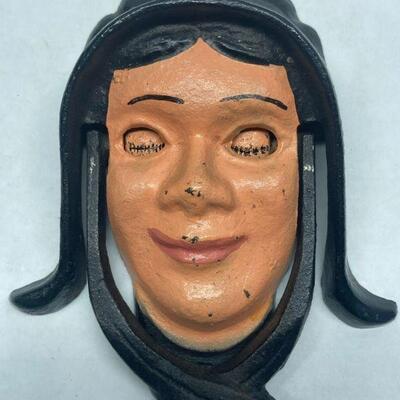 455. Vintage Wilton Cast Iron Amish Woman Door Knocker eyes open/close