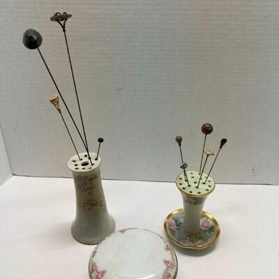 323. Large lot of Vintage Hat Pins/Holders including Signed Holders/ Powder Dish