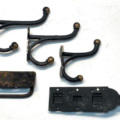 224. Three Coat Hooks, One Hand Forged Drawer Pull, Early Slide Bolt