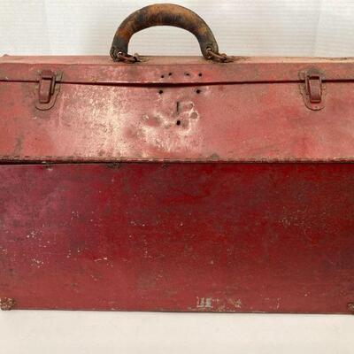 514. Vintage Metal Toolbox Piano hinged with Leather Handle 10x20 