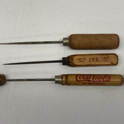 360. Three Vintage Branded and Unbranded Ice Picks Coca-Cola and Noltâ€™s Ice Plant