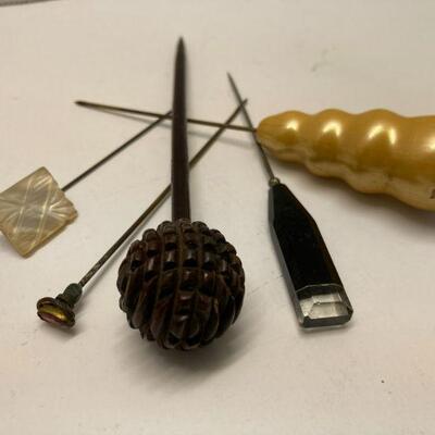 325. Lot of Vintage Hat Pins/Holders including Signed Holders/ Powder Dish