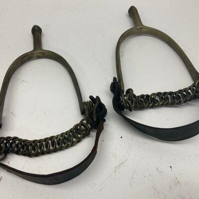 377. Pair of Vintage Brass and Leather Stirrups