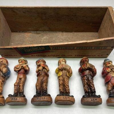 398. Small Cheese Advertising Box and Six Hillbilly Multi Prod Co 1942 Chicago Figurines