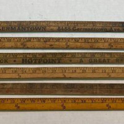 416. Lot of Vintage Wooden Yard Sticks Including Singer, Westcott, and Hotpoint
