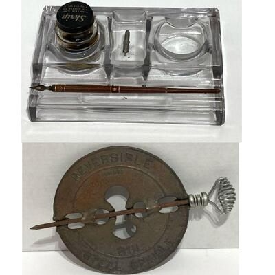 135. Sengbush No. 320 double inkwell & Griswold Stove Pipe Draft Reversible Steel Spindle
