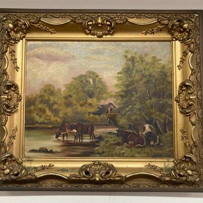 7. Signed Oil Painting Cows in the Meadow