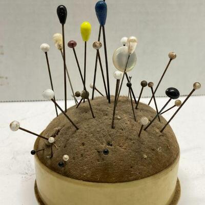 327. Large Lot of Vintage Pin Cushions, Pins, Vases, Wooden egg