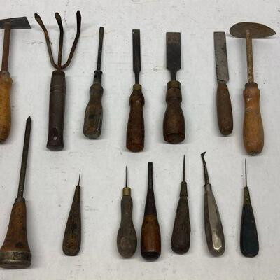 418. Large Lot of Vintage Tools with Wooden Handles