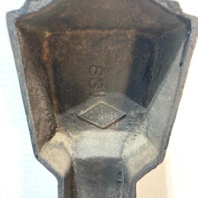 140. Antique fireplace andirons marked 831 Illegible Diamond Shape Insignia