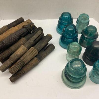 375. Lot of Vintage Glass Telephone Pole Insulators and Wooden Poles
