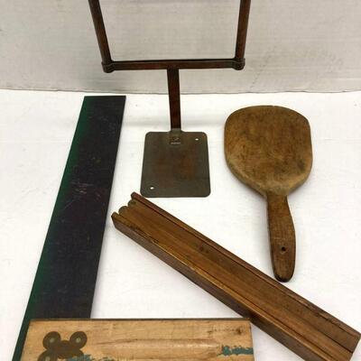 481. Lot of Vintage Wooden & Metal Items including a RHO store display sign holder, Henry Disston Angle Tool, Folding Seamstress...