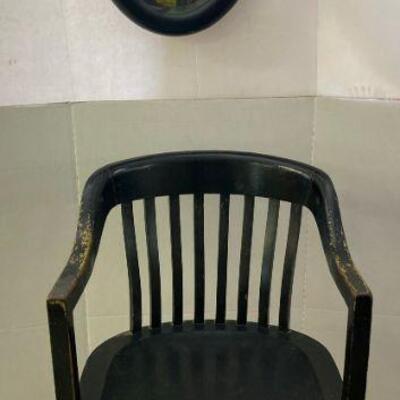232. Vintage Pine Black Painted Office Chair with Oval Beveled Mirror