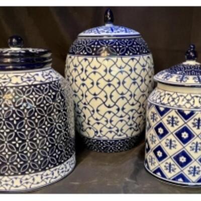 Blue & White PORCELAIN PIER 1 Sealed CANISTER SETS
