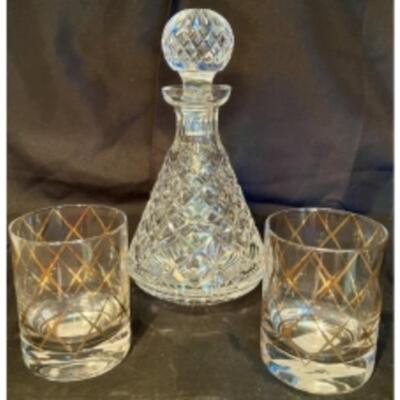 WATERFORD LISMORE Crystal Decanter And KATE SPADE (by LENOX) Double Old Fashioned CRYSTAL TUMBLERS