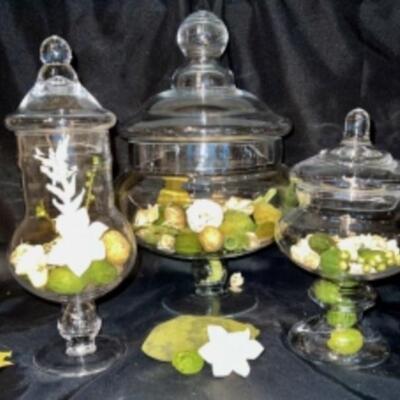 Pristine Set Of COVERED GLASS CANISTERS With Potpourri