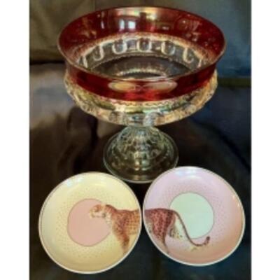 KINGS CROWN Ruby Red Footed Pedestal Bowl And Cheetah Trinket Trays